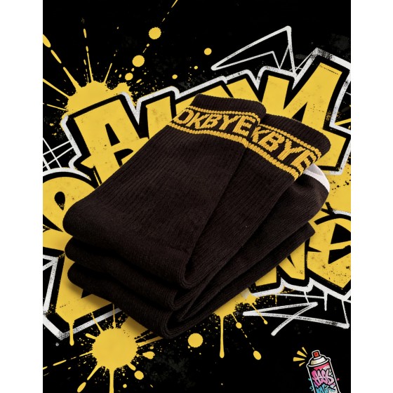 OKBYE 潑墨塗鴉街頭潮襪 黑黃撞色個性中筒襪