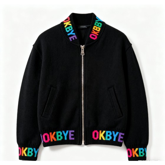 OKBYE 彩虹字母刺繡黑魂針織棒球外套