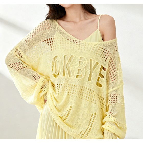 OKBYE 檸檬黃透膚鏤空字母針織罩衫